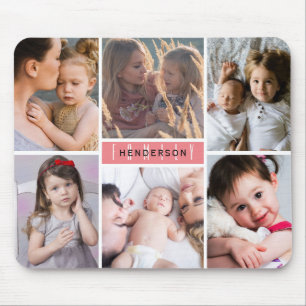 Modern Photo Collage Family Name Mouse Pad