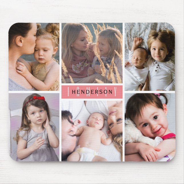 Modern Photo Collage Family Name Mouse Pad (Front)