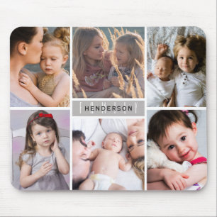 Modern Photo Collage Family Name Mouse Pad