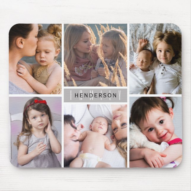 Modern Photo Collage Family Name Mouse Pad (Front)