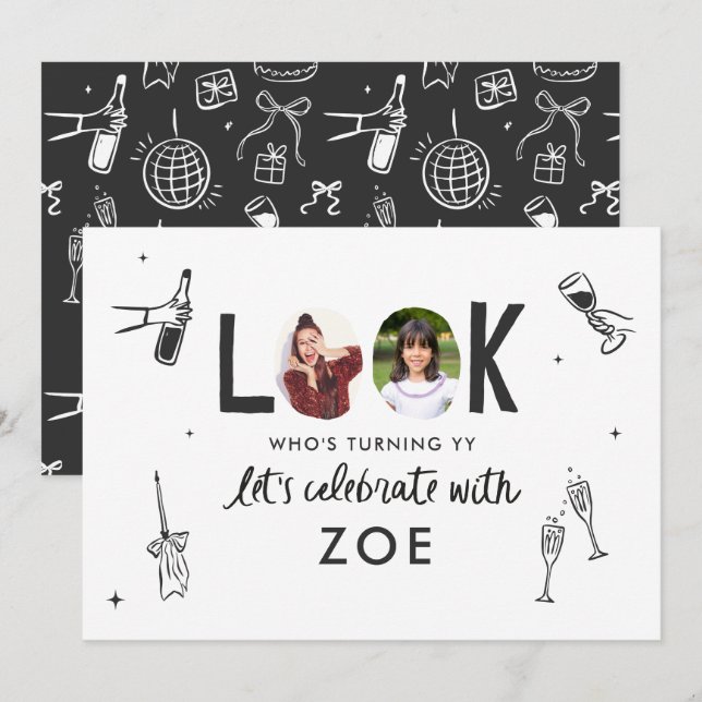 Modern Photo Collage Fun Hand-Drawn Birthday Invitation (Front/Back)