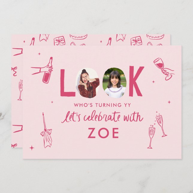 Modern Photo Collage Fun Hand-Drawn Birthday Invitation (Front/Back)