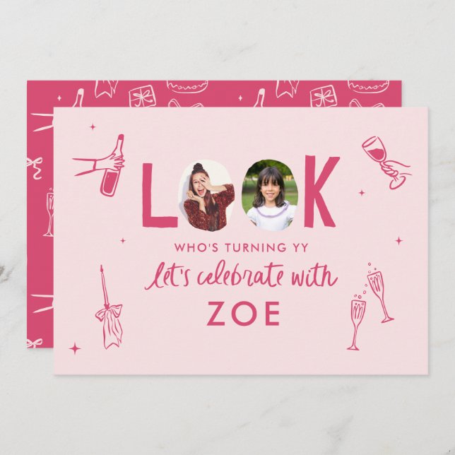 Modern Photo Collage Fun Hand-Drawn Birthday Invitation (Front/Back)