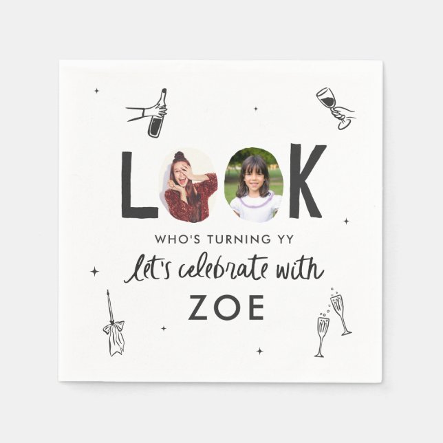 Modern Photo Collage Fun Hand-Drawn Birthday Napkin (Front)