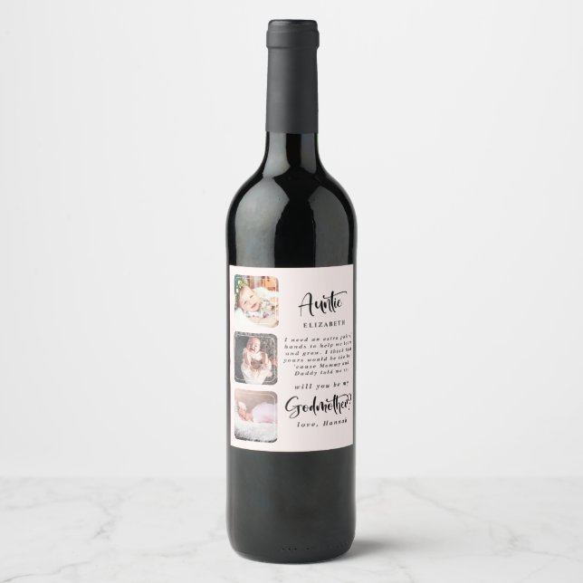 Modern Photo Collage Godmother Proposal  Wine Label (Front)