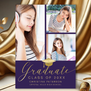 Modern Photo Collage Gold Script Purple Graduation Announcement