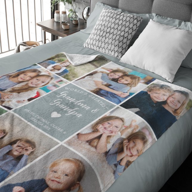 Modern Photo Collage Grandma Grandpa Custom Blue Fleece Blanket (Creator Uploaded)