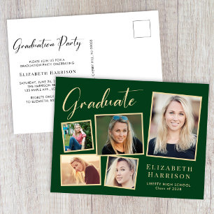 Modern Photo Collage Green Gold Graduation Party Invitation Postcard