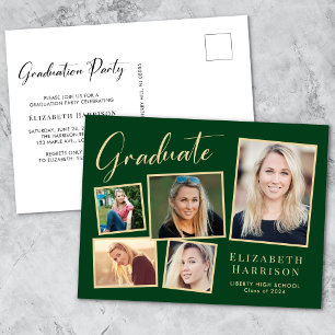 Modern Photo Collage Green Gold Graduation Party Invitation Postcard