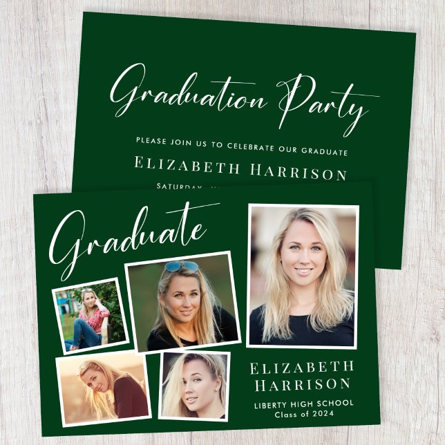 Modern Photo Collage Green Graduation Party Invitation (A modern photo collage graduation party invitation to celebrate the graduate's achievements)