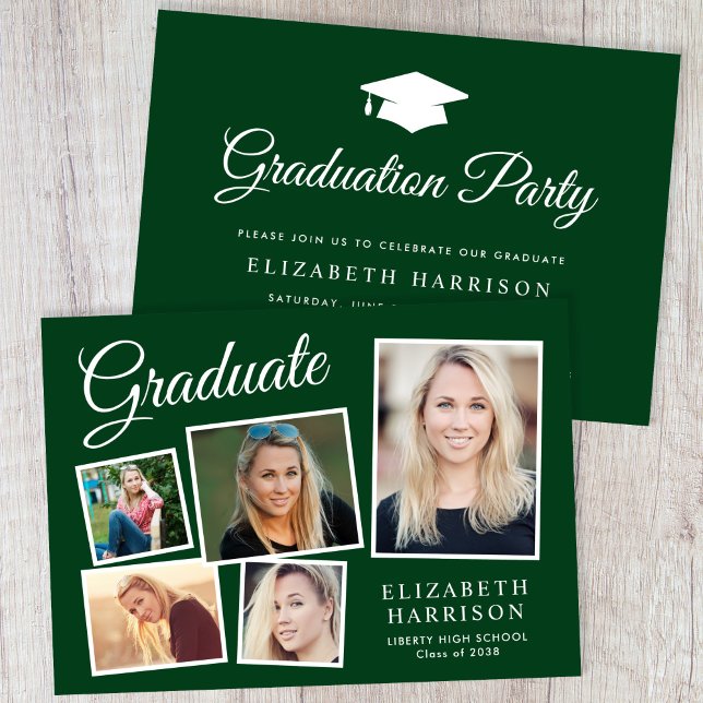 Modern Photo Collage Green Graduation Party Invitation (A personalized photo graduation party invitation to celebrate the graduate's achievements)
