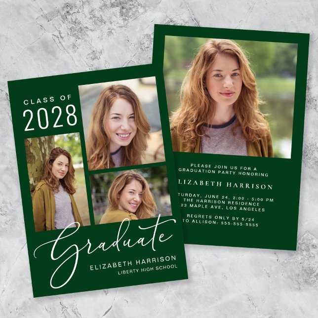 Modern Photo Collage Green Graduation Party Invitation (An elegant photo collage graduation party invitation to celebrate the graduate's achievements)