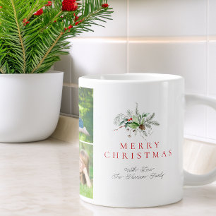 Modern Photo Collage Greenery Merry Christmas Large Coffee Mug