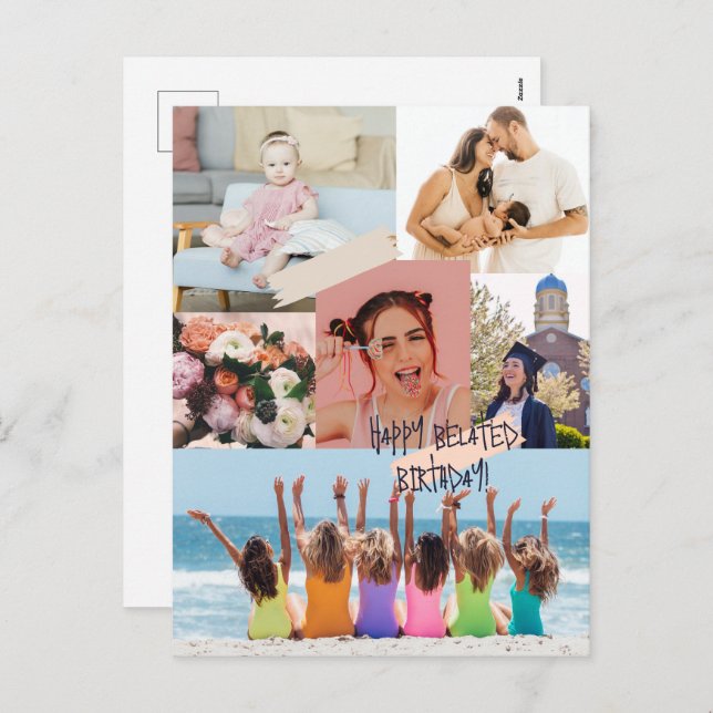 Modern photo collage Happy belated birthday card (Front/Back)