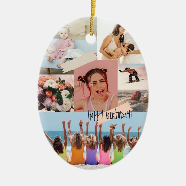 Modern photo collage Happy birthday Cute Ceramic Ornament (Front)