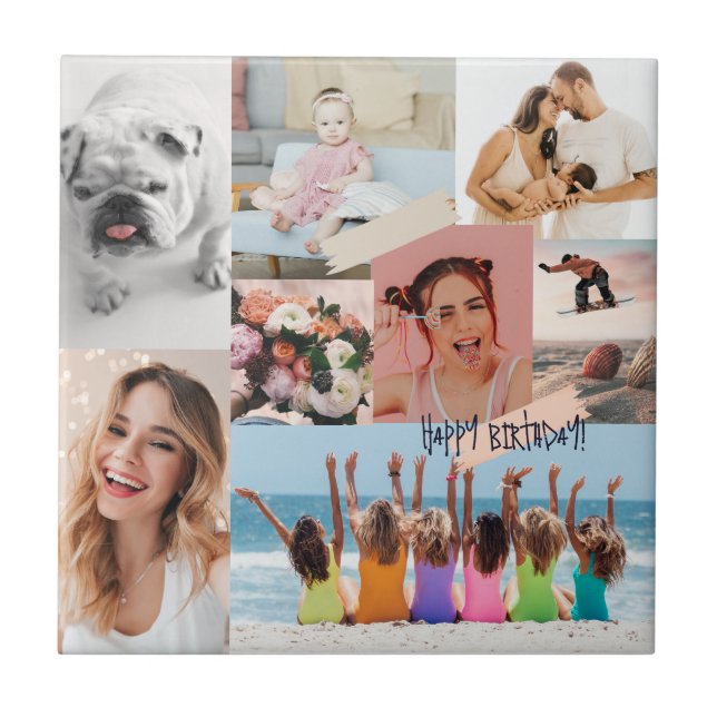 Modern photo collage Happy birthday Cute Ceramic Tile (Front)