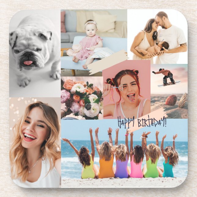 Modern photo collage Happy birthday Cute Coaster (Front)
