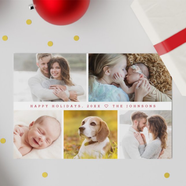 Modern photo collage Happy Holidays Custom Holiday Card (Red typography minimalist Happy Holidays family photo collage card.)