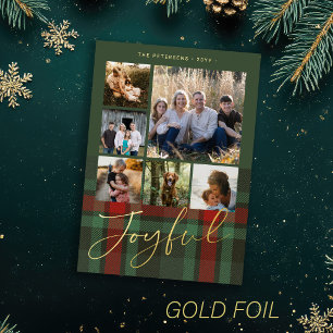 Modern photo collage Joyful script plaid Christmas Foil Holiday Card