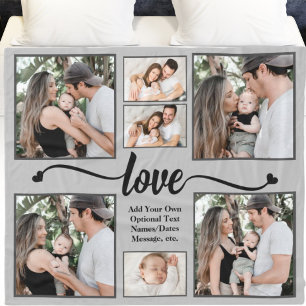 Modern Photo Collage Love Heart Custom Text Colour Fleece Blanket