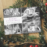 Modern Photo Collage Merry Christmas Flat Holiday Card<br><div class="desc">Greeting flat card features five of your favourite photos on a modern grid paired with classic font in red and script family name in black.</div>