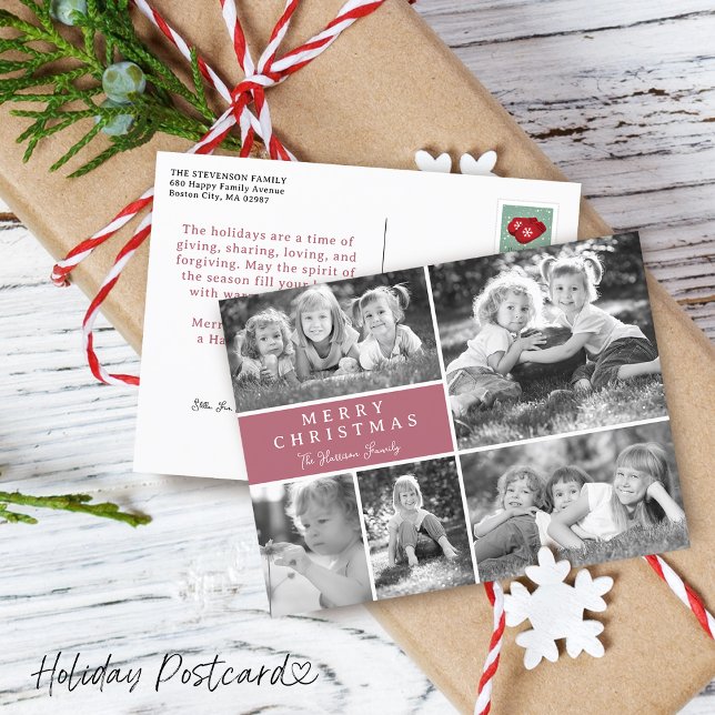Modern Photo Collage Merry Christmas Holiday Postcard (Modern Photo Collage Merry Christmas Holiday Postcard)