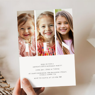 Modern Photo Collage Minimal 10TH Birthday Party Invitation