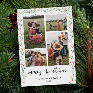 Modern Photo Collage Minimal Christmas Botanical Holiday Card