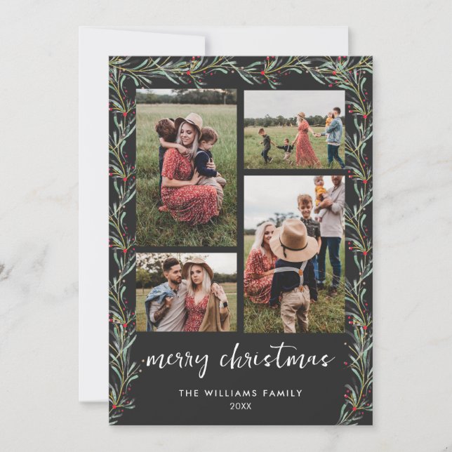 Modern Photo Collage Minimal Christmas Botanical Holiday Card (Front)