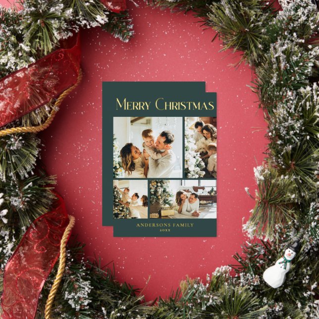 Modern Photo Collage Minimal Green Merry Christmas Foil Holiday Card (Insitu)