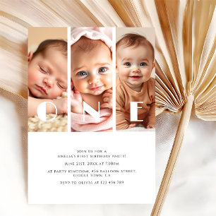 Modern Photo Collage Minimalist 1st Birthday Party Invitation