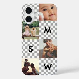 Modern Photo Collage Monogram Checkerboard iPhone 16 Case