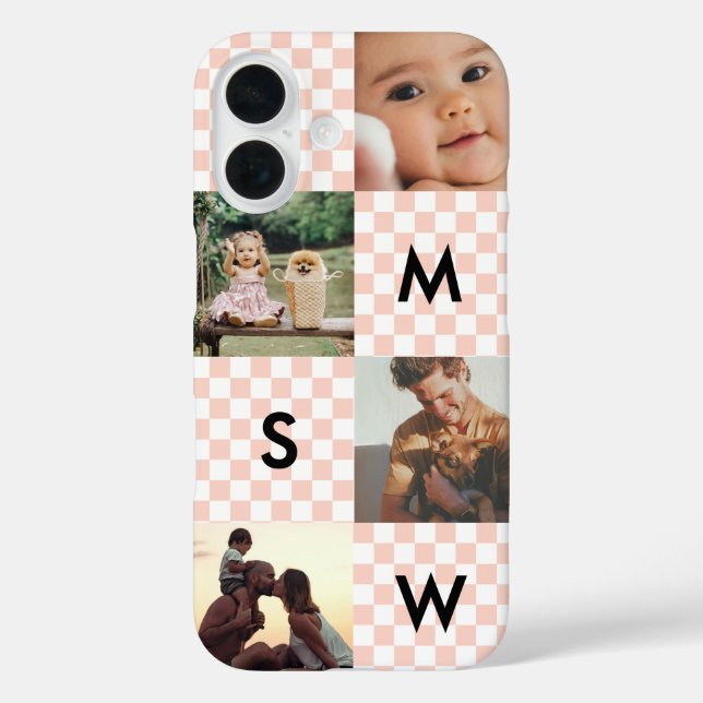Modern Photo Collage Monogram Chequerboard Pink Case-Mate iPhone Case (Back)
