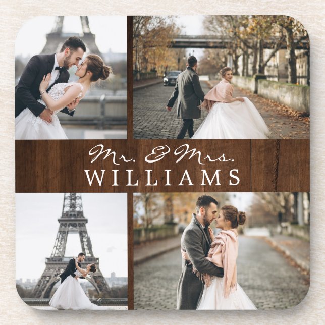 Modern Photo Collage Monogram Newlywed Rustic Wood Coaster (Front)