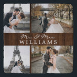 Modern Photo Collage Monogram Newlyweds Dark Wood Trivet<br><div class="desc">Celebrate your recent marriage with this 4 photo,  monogrammed design.</div>