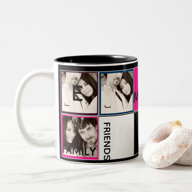 Modern Photo Collage Mug Monogram Pink Black (With Donut)