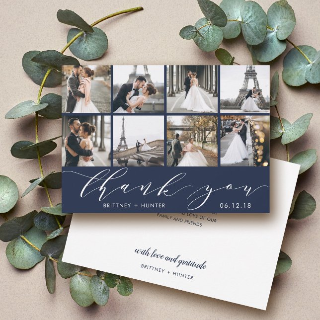 Modern Photo Collage Navy Blue Thank You Card (Creator Uploaded)