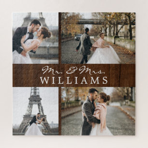Modern Photo Collage Newlyweds Monogram Dark Wood Jigsaw Puzzle