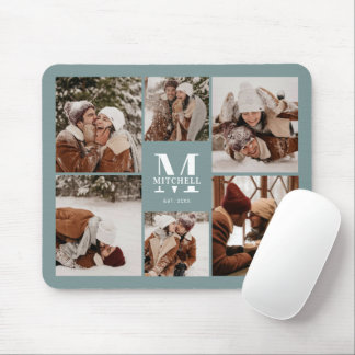 Modern Photo Collage Personalised Monogram Green Mouse Pad