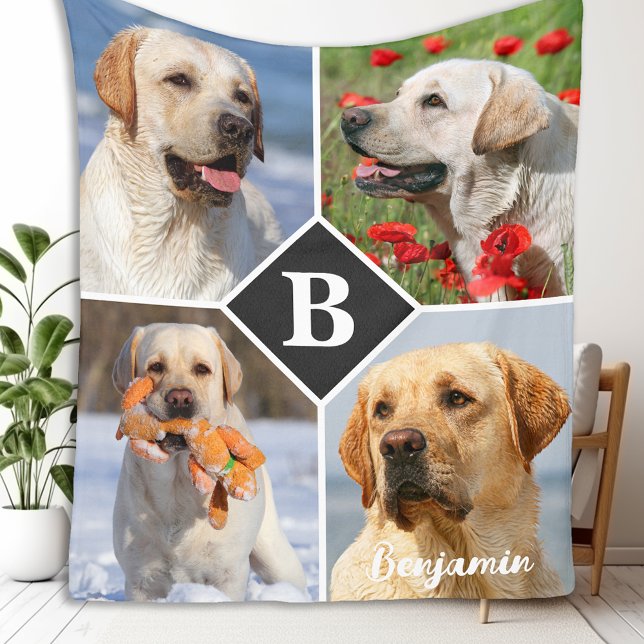 Modern Photo Collage Pet Dog Personalised Monogram Fleece Blanket (Creator Uploaded)
