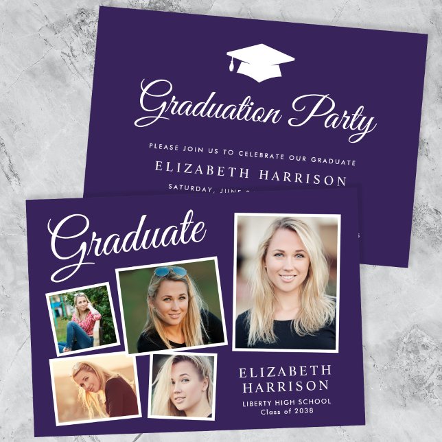 Modern Photo Collage Purple Graduation Party Invitation (A personalized photo graduation party invitation to celebrate the graduate's achievements)
