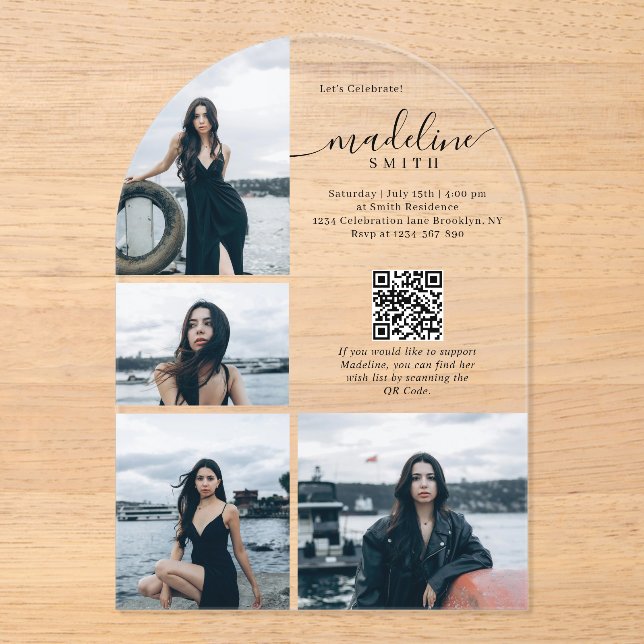 Modern Photo Collage QR code Graduation Party Acrylic Invitations (Front)