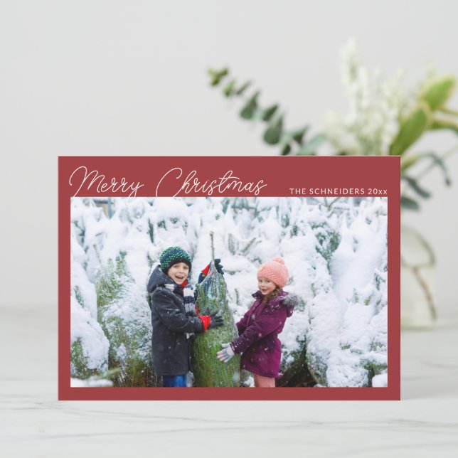 Modern Photo Collage Red Script Merry Christmas Holiday Card (Standing Front)
