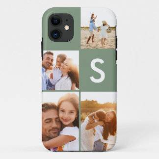 Modern photo collage sage green initial monogram iPhone 11 case