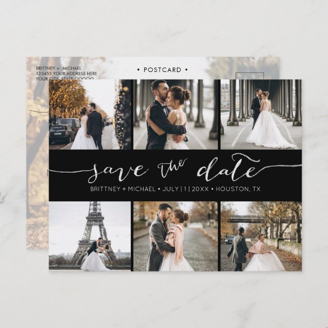 Modern Photo Collage Save the Date Black Announcement Postcard (Front/Back)