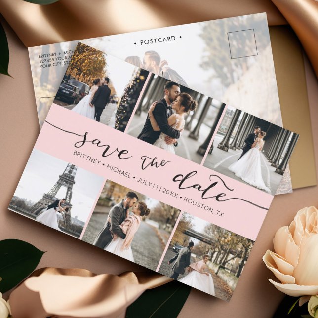 Modern Photo Collage Save the Date Blush Pink Announcement Postcard (Save the Date hand lettered minimalistic photo collage postcard with photo on the back.)