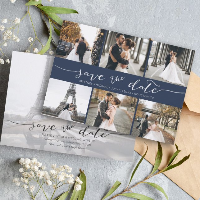 Modern Photo Collage Save the Date Navy Blue (Modern Save the Date card featuring 6 photos and a hand lettered font for a minimalistic design.)