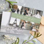 Modern Photo Collage Save the Date Sage Green<br><div class="desc">Pick the best pictures from your engagement shoot or your favourite pictures of the two of you for this perfect save the date. The words save the date are handwritten to give a personal feel to the card. The front has 6 images and the back has a large image with...</div>