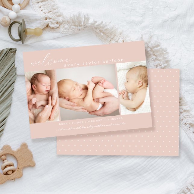 Modern Photo Collage Simple Script Pink Birth Announcement (Creator Uploaded)