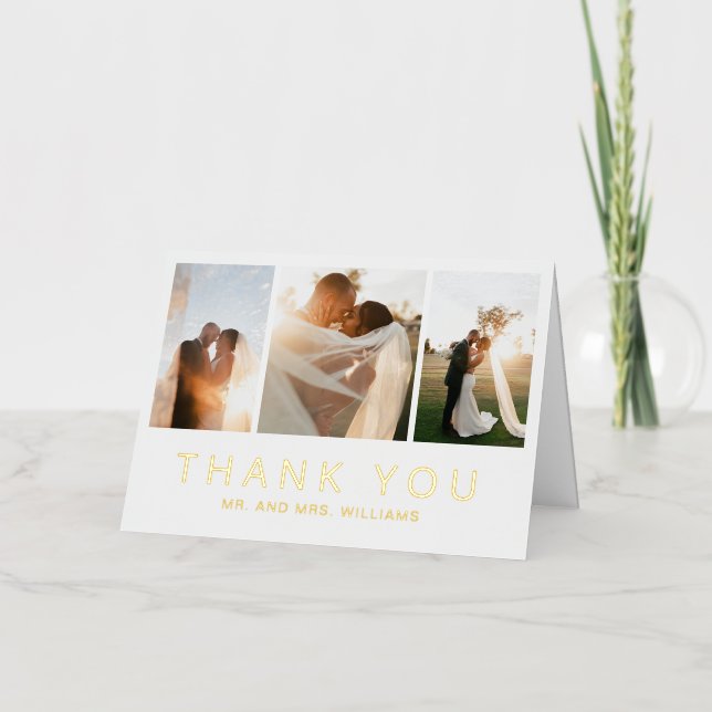 Modern Photo Collage Simple Wedding Thank You Gold Foil Greeting Card (Front)